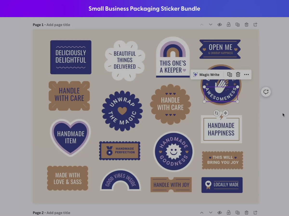 Sall Business Packaging Sticker Bundle includes four color combinations with the ability to customize colors, edit text, and scale without losing resolution.