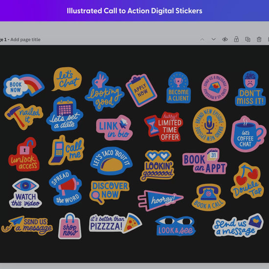 This collection of illustrated call to action digital stickers include over 150 designs with colors that can be customizable to match your brand.