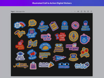 This collection of illustrated call to action digital stickers include over 150 designs with colors that can be customizable to match your brand.