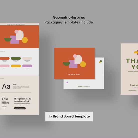 A video carousel showing a brand board template, thank you card template, mailing label templates, and packaging label templates.