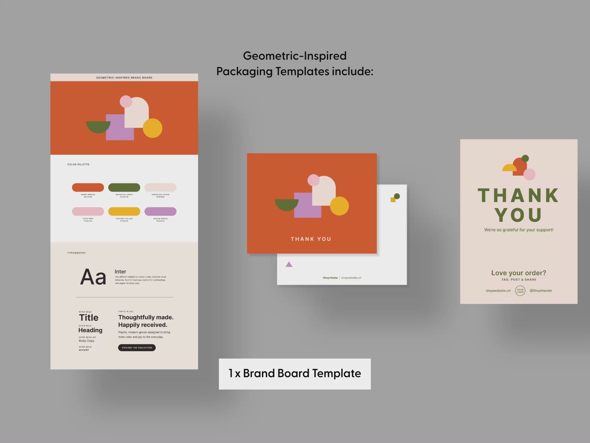 A video carousel showing a brand board template, thank you card template, mailing label templates, and packaging label templates.