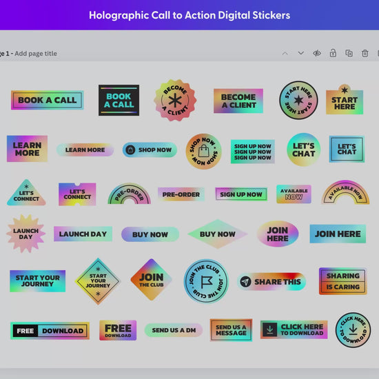 This holographic style call to action digital stickers are available customize in Canva. Customize colors to match your brand, edit text, and scale to any size.