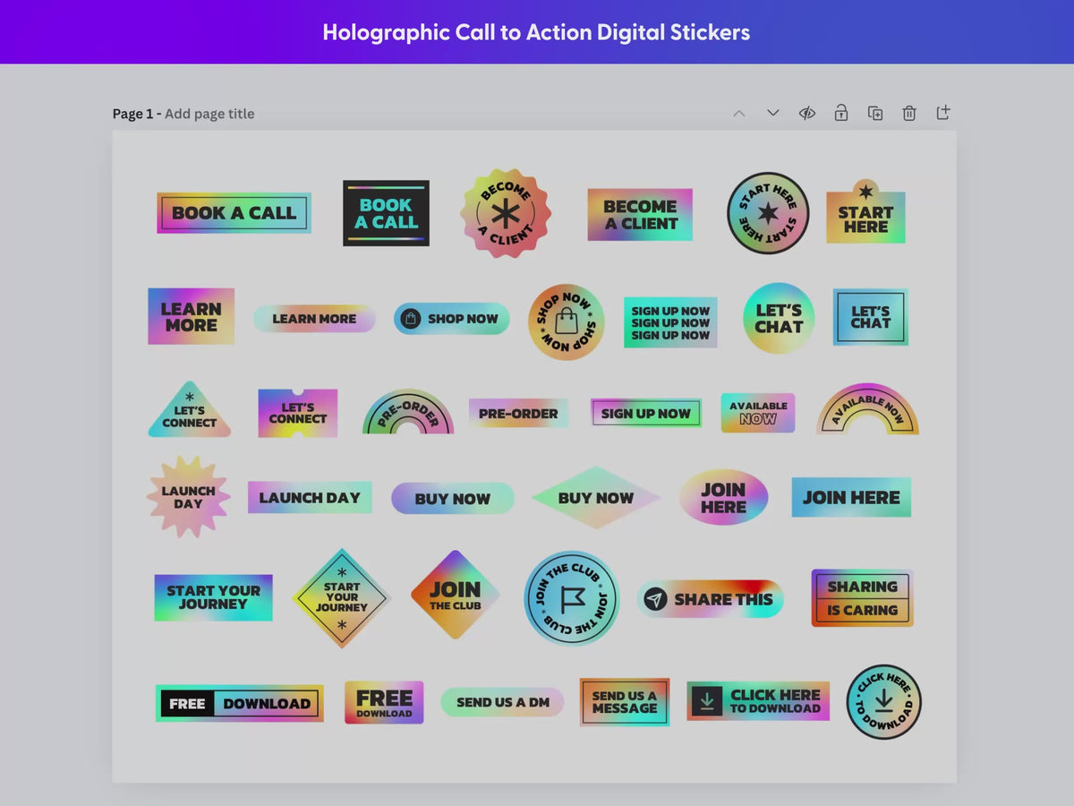 This holographic style call to action digital stickers are available customize in Canva. Customize colors to match your brand, edit text, and scale to any size.