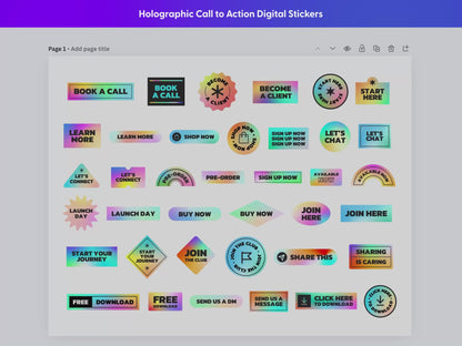 This holographic style call to action digital stickers are available customize in Canva. Customize colors to match your brand, edit text, and scale to any size.