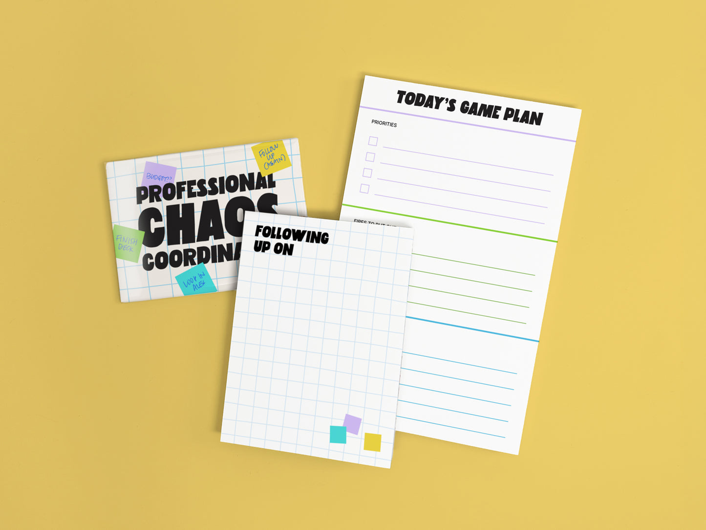 Professional Chaos Coordinator gift set featuring a funny office magnet, follow-up mini notepad, and daily planner notepad on a yellow background.