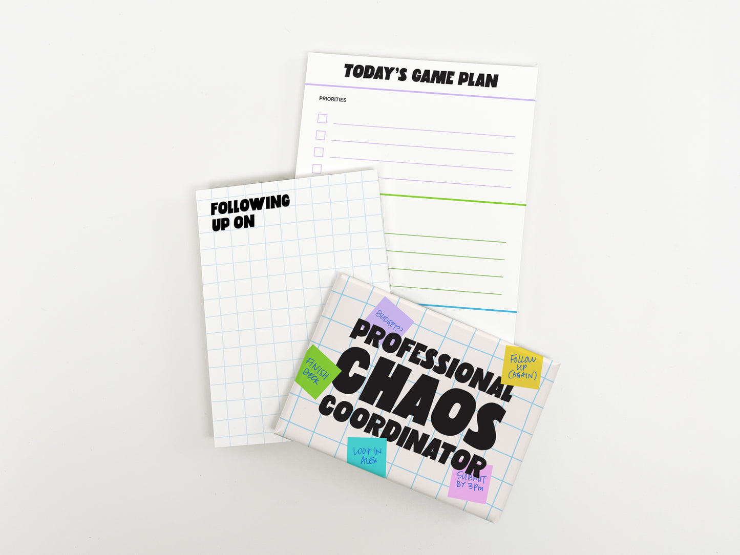 Professional Chaos Coordinator gift bundle with a humorous office magnet, follow-up notepad, and Today's Game Plan planner pad displayed on a white background.