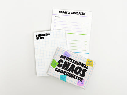 Professional Chaos Coordinator gift bundle with a humorous office magnet, follow-up notepad, and Today's Game Plan planner pad displayed on a white background.