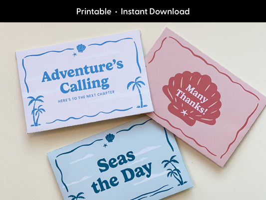 Flat lay of three printable gift card holders with retro beach designs arranged on a light surface. The designs read “Adventure’s Calling,” “Many Thanks!,” and “Seas the Day,” each featuring palm trees, waves, and seashells in blue, pink, and red tones. These folded digital gift card sleeves are part of an instant download bundle, ideal for graduations, thank you gifts, summer celebrations, and coastal-themed events. The top banner highlights "Printable • Instant Download."