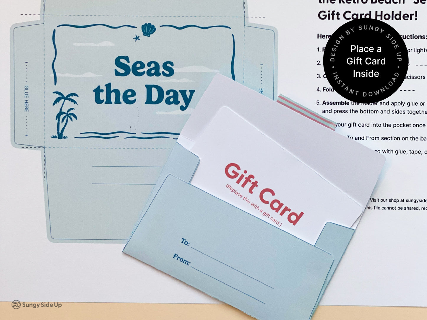 Printable gift card holder with a tropical beach theme in shades of blue shown assembled and unassembled on a flat surface. Includes palm tree illustrations and ocean inspired design. A gift card is partially inserted into the pocket to show fit. Instructions for use are printed on the background sheet. Ideal for summer gifts thank you cards birthdays and DIY projects. Digital file for instant download and easy at home assembly.