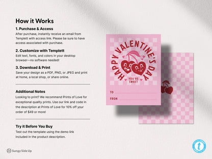 Instruction guide for purchasing, accessing, and customizing retro Valentines Day card printables. The design features retro style cherry hearts with checkered pattern and highlights customization options for unique Valentines Day cards.