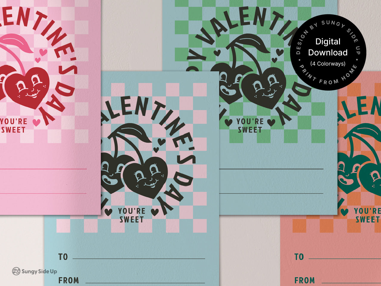 Close up of retro Valentines Day card printables in four colorways. Features a vintage cherry motif on a checkered background pattern and editable text fields, making them perfect for personalized Valentines Day notes or gifts for kids and adults.