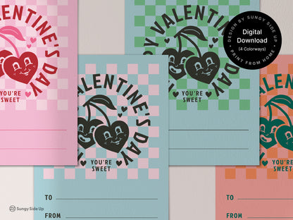 Close up of retro Valentines Day card printables in four colorways. Features a vintage cherry motif on a checkered background pattern and editable text fields, making them perfect for personalized Valentines Day notes or gifts for kids and adults.