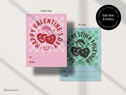 Retro Valentines Day card designs showcasing two color options with editable text. Features a vintage inspired and retro style of a cherry graphic with To and From fields, making it perfect for personalized Valentines Day cards for kids or adults.