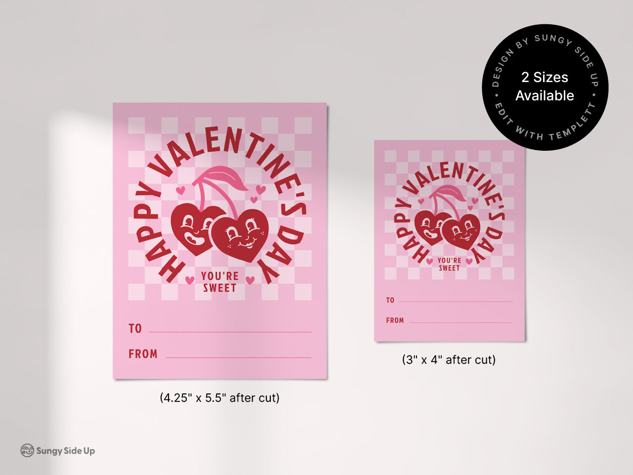 Retro style Valentines Day card printables shown in two sizes. Features editable text fields with vintage-inspired design of cherry hearts and checkered pattern, perfect for personalized Valentines Day cards for adults and kids classroom exchanges.