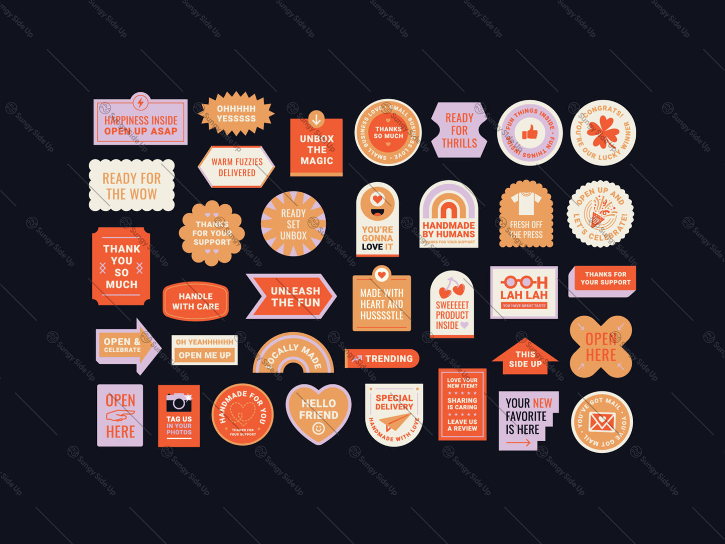 Orange, lavender, and cream small-business packaging stickers featuring unboxing, thank-you, handmade, review, and social-sharing messages.