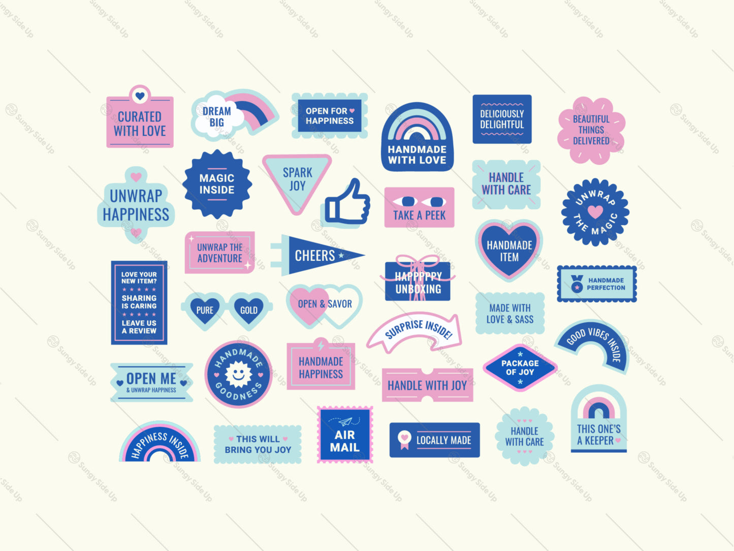 Blue, pink, and light blue packaging stickers featuring unboxing, handmade, handle-with-care, review, and happy-mail messages.