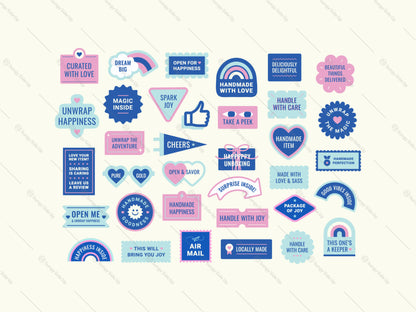 Blue, pink, and light blue packaging stickers featuring unboxing, handmade, handle-with-care, review, and happy-mail messages.