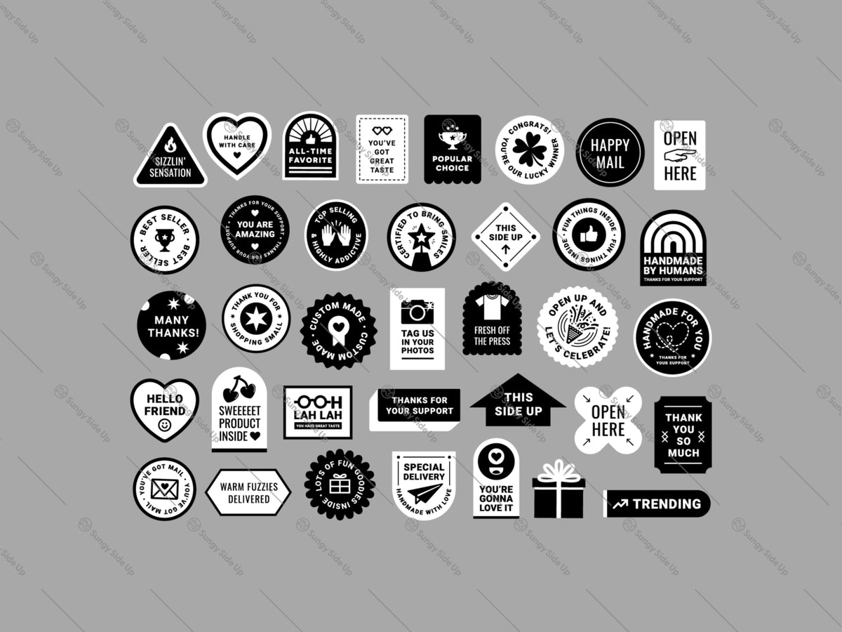 Black-and-white packaging stickers featuring thank-you, handmade, happy-mail, product, social-sharing, and opening messages.