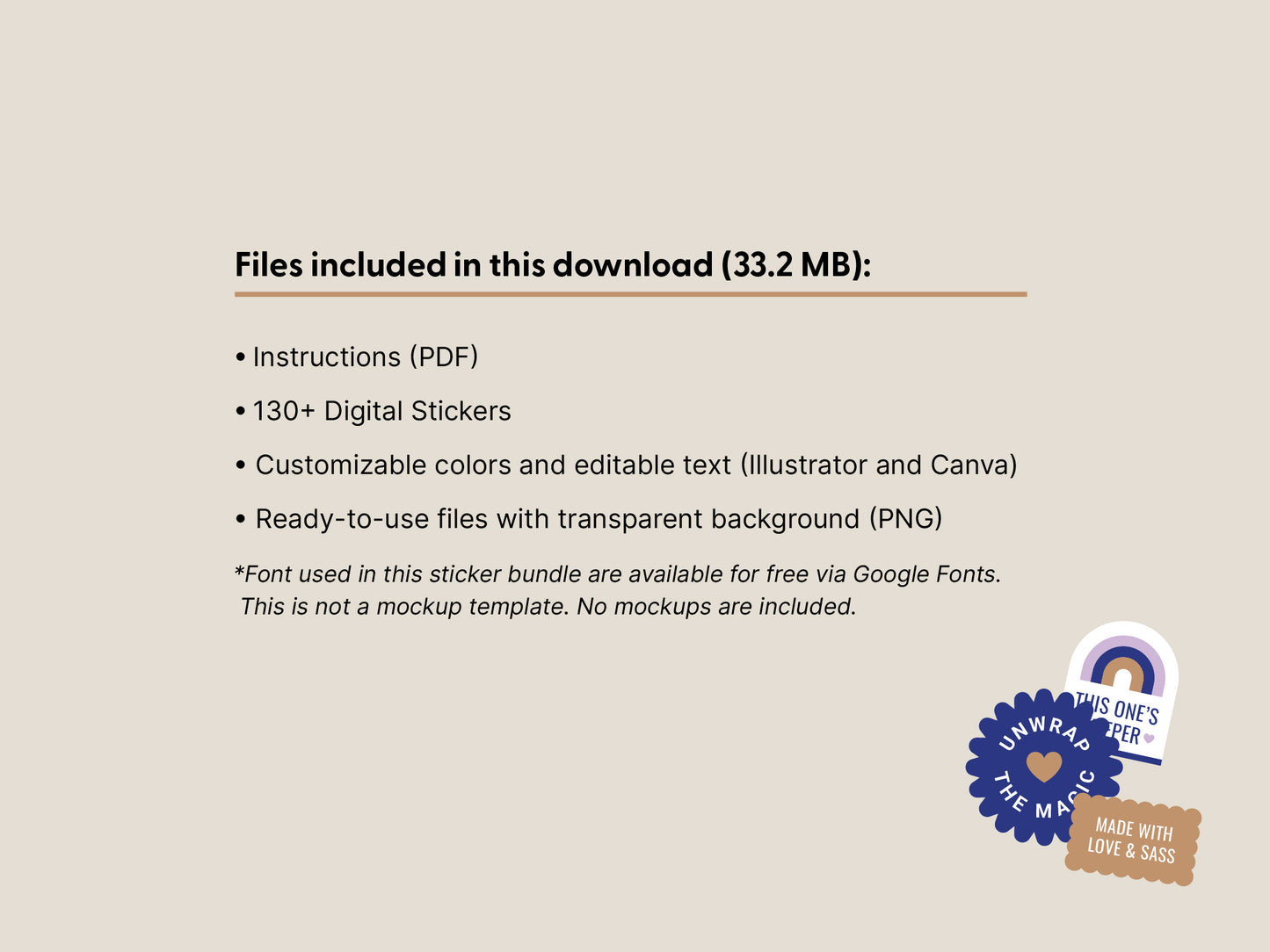 A digital product preview slide showing included files for a sticker bundle: instructions in PDF, 130+ digital stickers, customizable colors and editable text, and ready-to-use files with transparent background in PNG. The slide has a beige background with black text and small badge graphics in the lower right.