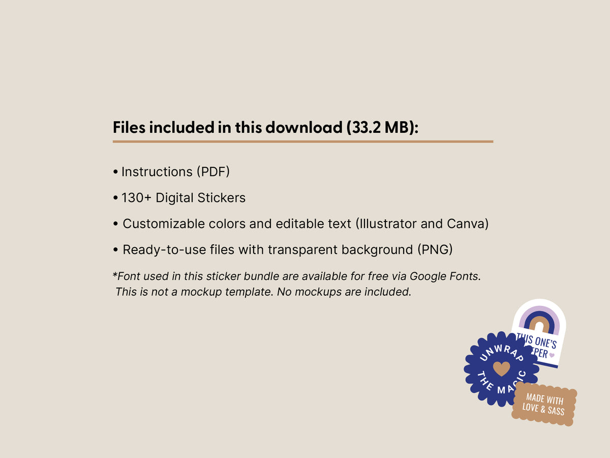 A digital product preview slide showing included files for a sticker bundle: instructions in PDF, 130+ digital stickers, customizable colors and editable text, and ready-to-use files with transparent background in PNG. The slide has a beige background with black text and small badge graphics in the lower right.