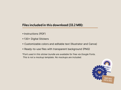A digital product preview slide showing included files for a sticker bundle: instructions in PDF, 130+ digital stickers, customizable colors and editable text, and ready-to-use files with transparent background in PNG. The slide has a beige background with black text and small badge graphics in the lower right.
