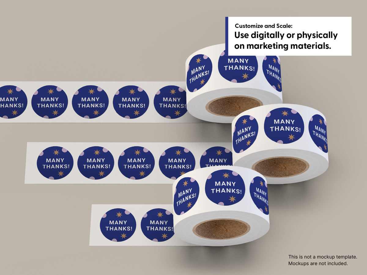 Several rolls of round sticker tape are arranged on a plain light gray background. Each roll shows blue circular stickers with the words “MANY THANKS!” in white, plus a white strip with multiple matching stickers.