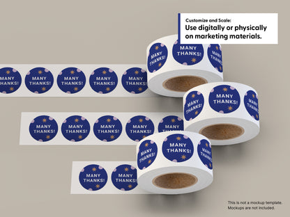 Several rolls of round sticker tape are arranged on a plain light gray background. Each roll shows blue circular stickers with the words “MANY THANKS!” in white, plus a white strip with multiple matching stickers.