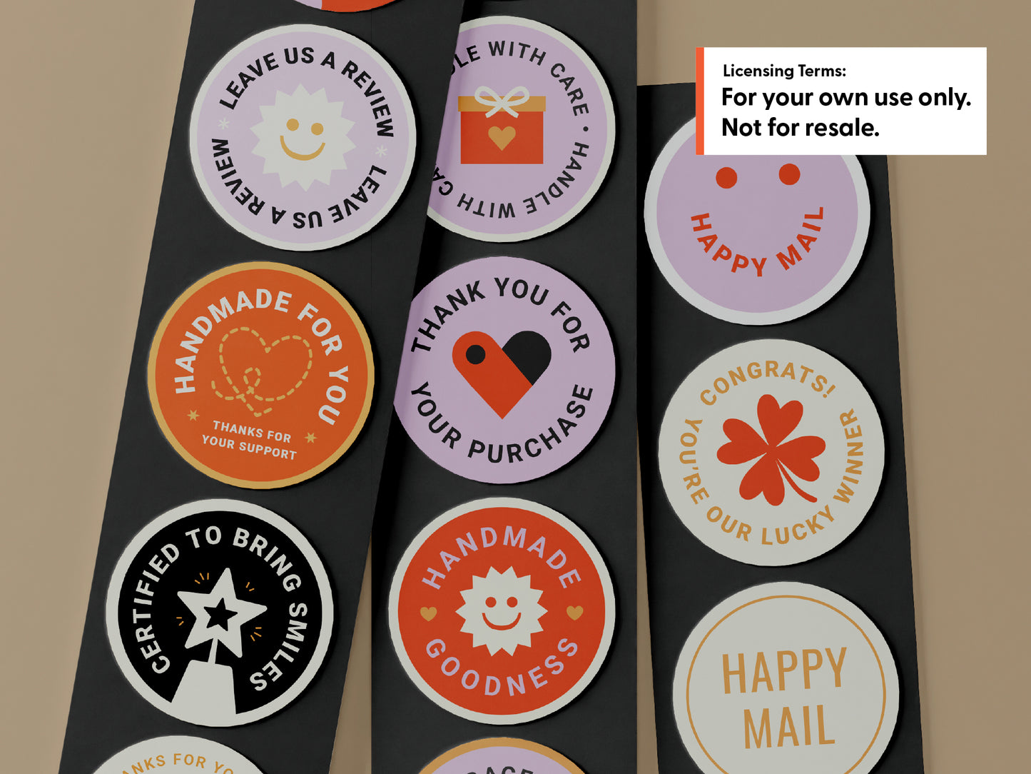 Round orange, lavender, black, and white packaging stickers on black mailers with licensing terms: for your own use only, not for resale.