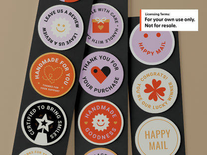 Round orange, lavender, black, and white packaging stickers on black mailers with licensing terms: for your own use only, not for resale.