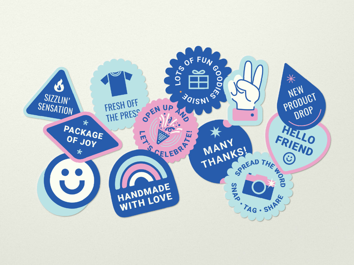 Blue, pink, and light blue packaging sticker designs featuring thank-you, product, handmade, celebration, and social-sharing messages.