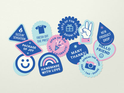 Blue, pink, and light blue packaging sticker designs featuring thank-you, product, handmade, celebration, and social-sharing messages.