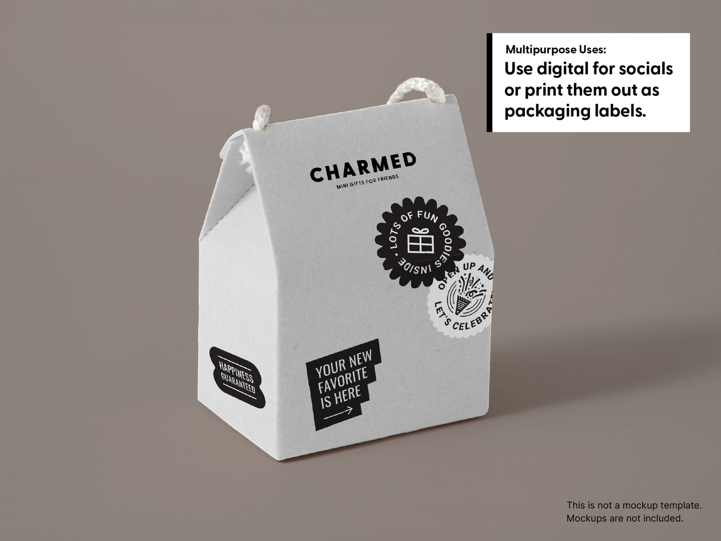 White gift bag decorated with black-and-white packaging stickers, showing designs can be used digitally or printed as labels; mockup not included.
