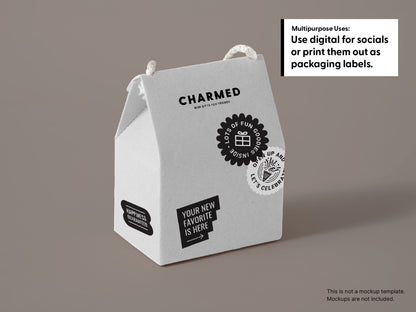 White gift bag decorated with black-and-white packaging stickers, showing designs can be used digitally or printed as labels; mockup not included.