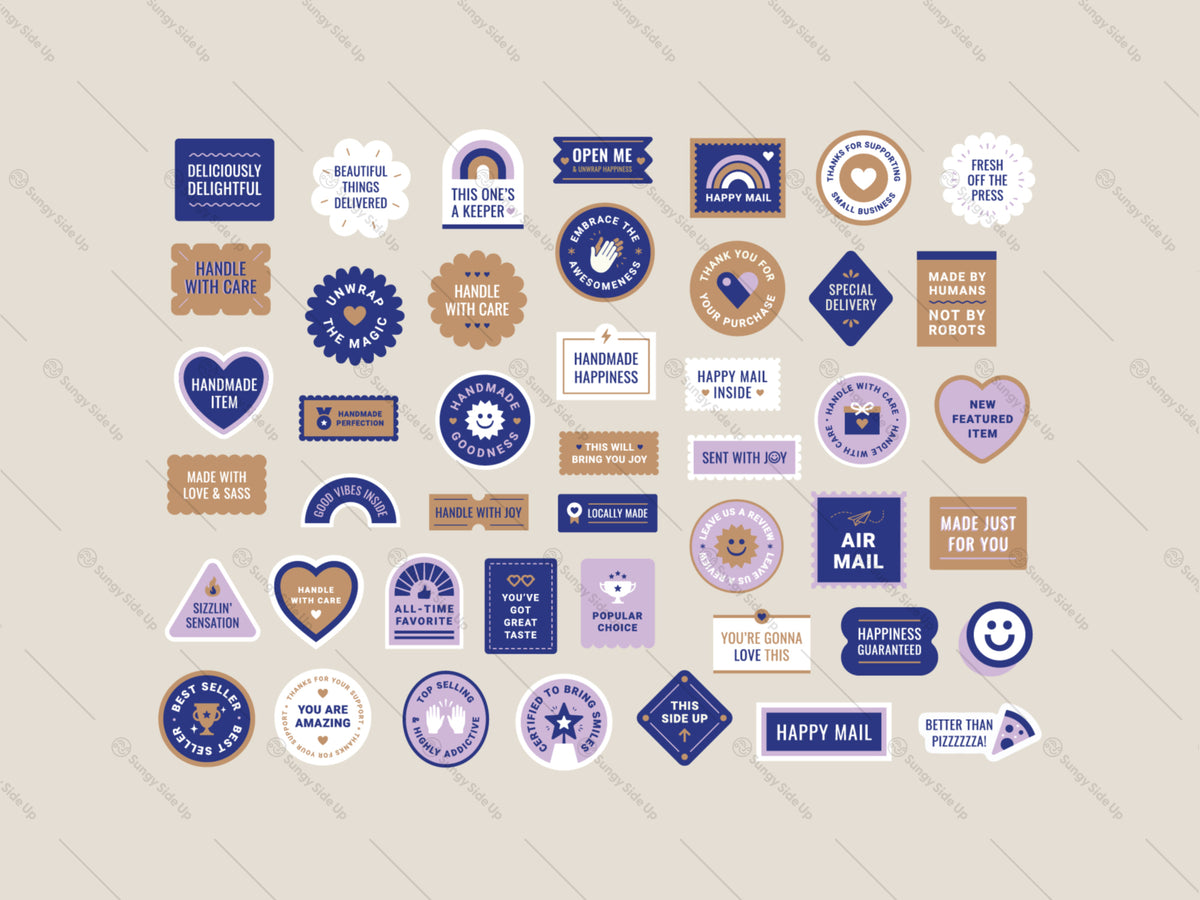 Navy, kraft, lavender, and white packaging stickers featuring handmade, happy mail, handle-with-care, review, and small-business messages.