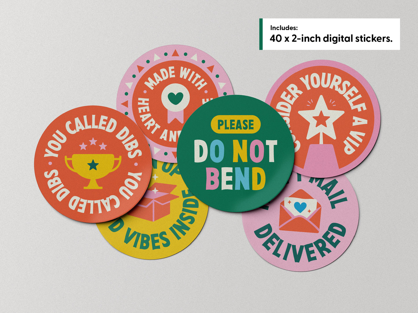 Six colorful small-business packaging sticker designs from a bundle of 40 printable 2-inch digital stickers.