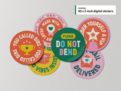 Six colorful small-business packaging sticker designs from a bundle of 40 printable 2-inch digital stickers.