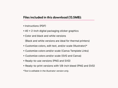 A text slide listing included files for this digital download, including instructions in PDF, 40 x 2-inch digital packaging sticker graphics in color and black and white, customizable colors and scale versions for Illustrator, SVG, and Canva, ready-to-use PNG and SVG versions, and ready-to-print versions with 1/8-inch bleed. The background is a very light warm gray.