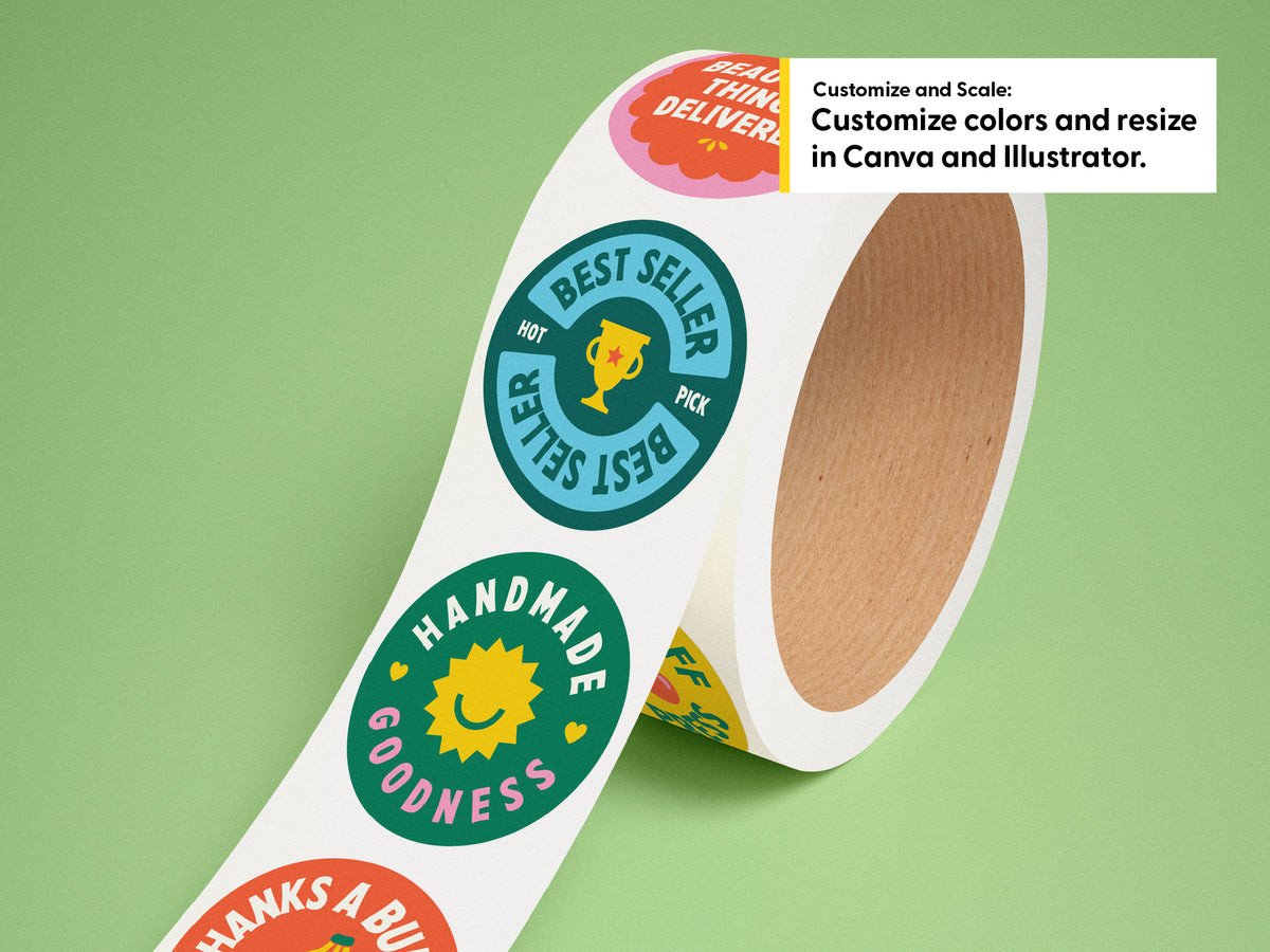 A roll of circle tickers on a light green background, with a white text box in the top right explaining customization options.