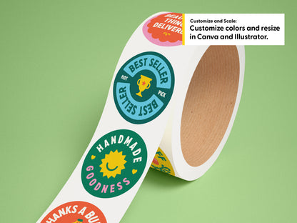 A roll of circle tickers on a light green background, with a white text box in the top right explaining customization options.