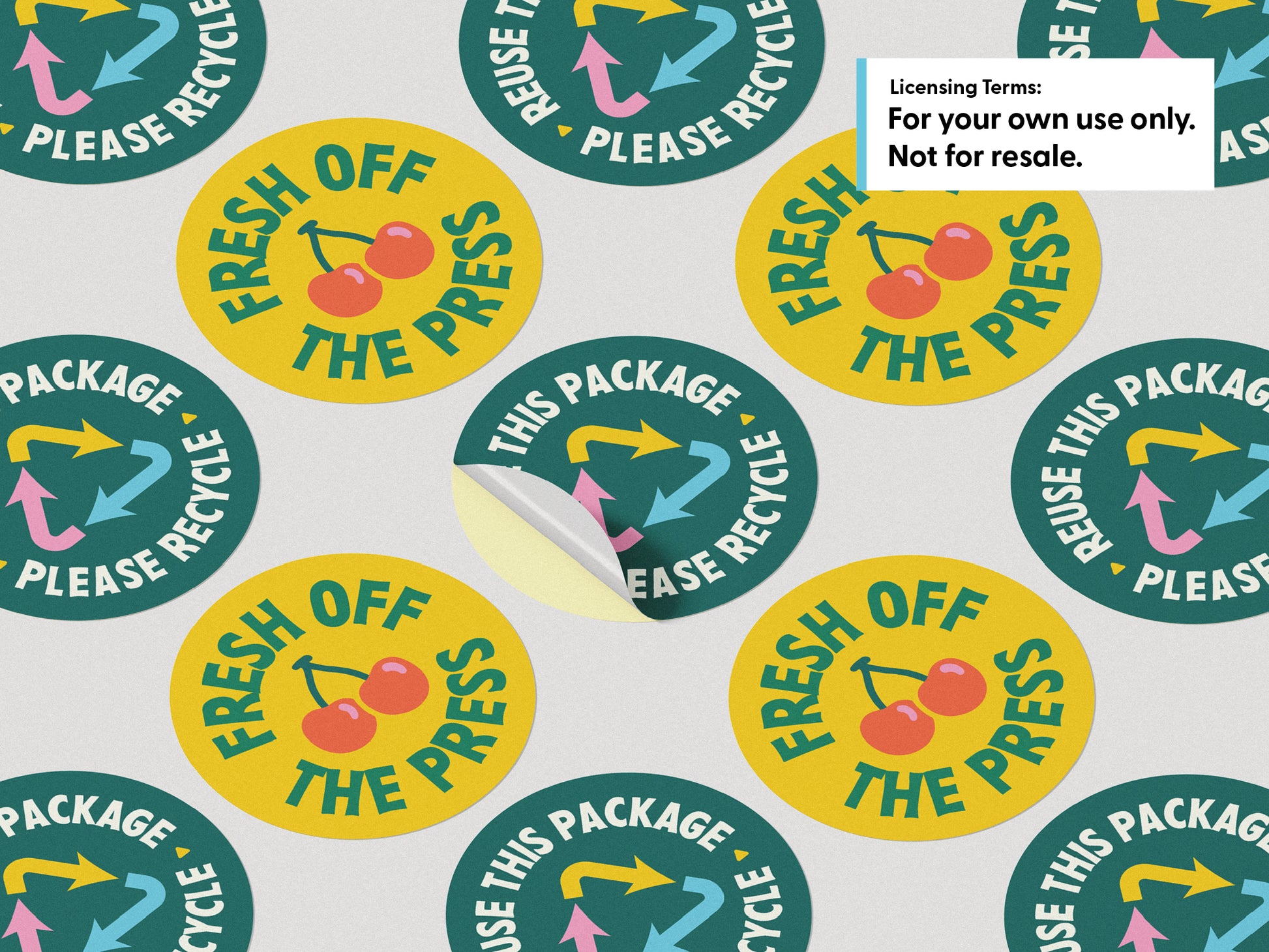 A sticker sheet of two round sticker designs. One sticker features a dark teal circle with the words 'PLEASE RECYCLE' and a multicolored recycling symbol, alongside a second sticker that says "Fresh off the Press" with an illustration of cherries.