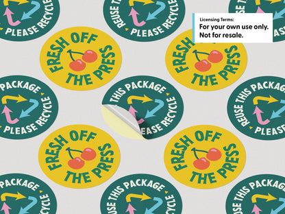 A sticker sheet of two round sticker designs. One sticker features a dark teal circle with the words 'PLEASE RECYCLE' and a multicolored recycling symbol, alongside a second sticker that says "Fresh off the Press" with an illustration of cherries.