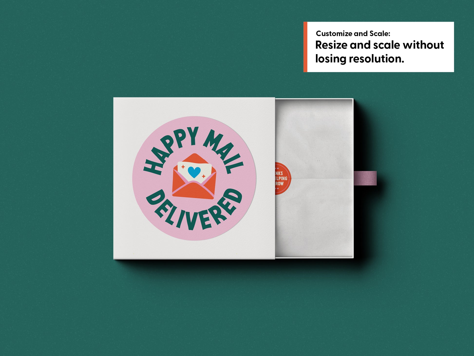 A white square box with a circular pink and teal 'HAPPY MAIL DELIVERED' sticker design, shown open with white tissue paper inside. A smaller, secondary sticker is used on the tissue paper.