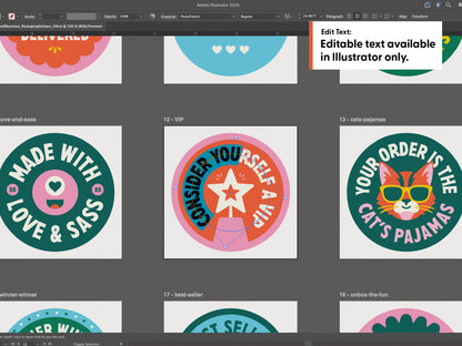 A screenshot of an Adobe Illustrator design grid showing multiple circular graphic previews. One sticker shows that you can highlight and edit the text.