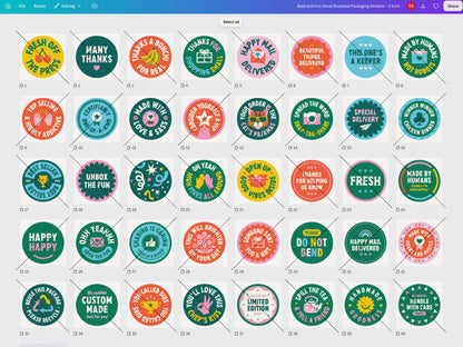A display of 40 colorful 2-inch small-business packaging sticker designs shown in a grid layout in Canva.