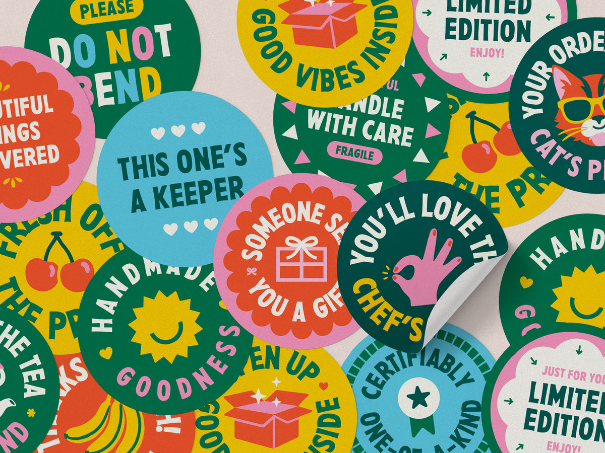 Colorful round small-business packaging stickers with playful messages, including “Handle with care” and “Limited edition.”