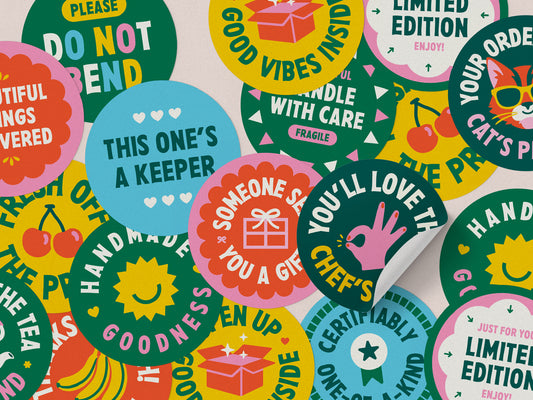 Colorful round small-business packaging stickers with playful messages, including “Handle with care” and “Limited edition.”
