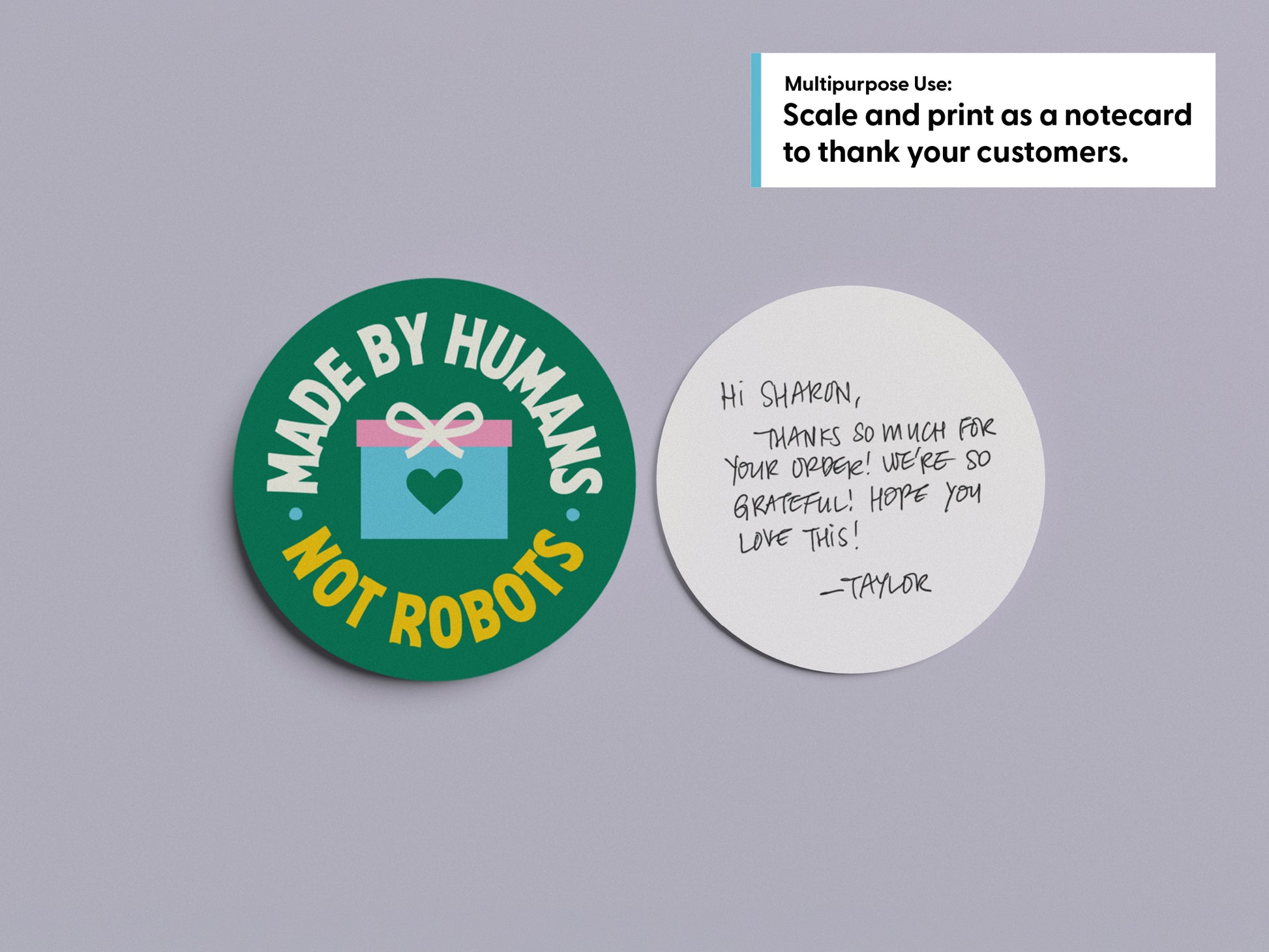 Front and back views of a circular notecard with a handwritten note to a customer.