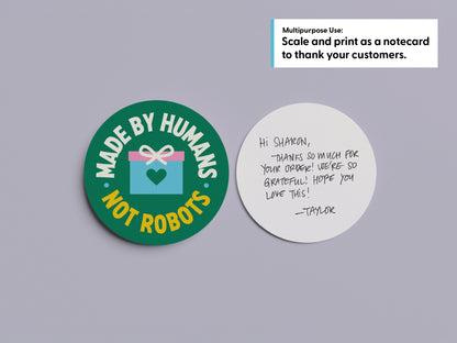 Front and back views of a circular notecard with a handwritten note to a customer.
