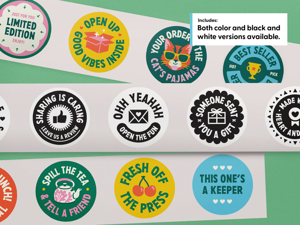 Three strips of colorful and black adn white round sticker designs with playful phrases and icons, including a cat in sunglasses, cherries, a teapot, and gift/cup graphics.