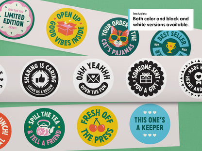 Three strips of colorful and black adn white round sticker designs with playful phrases and icons, including a cat in sunglasses, cherries, a teapot, and gift/cup graphics.